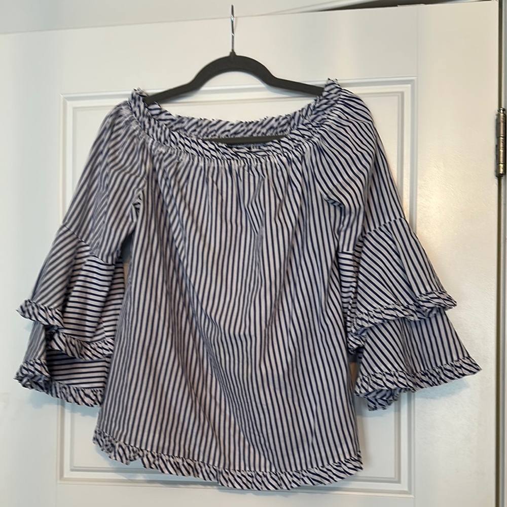 ECI Ruffled Bell Sleeve Blue and White Blouse
